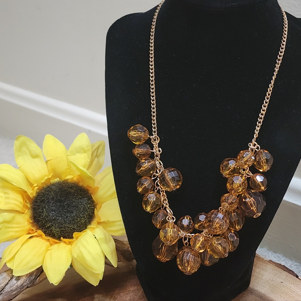 Vintage Cluster Statement Necklace With Amber Colored Faceted Acrylic Beads